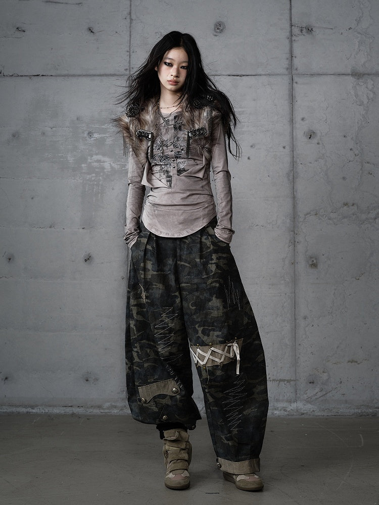 Chain with Brown Accents Vintage Faux Details Studded Vest Fur Punk