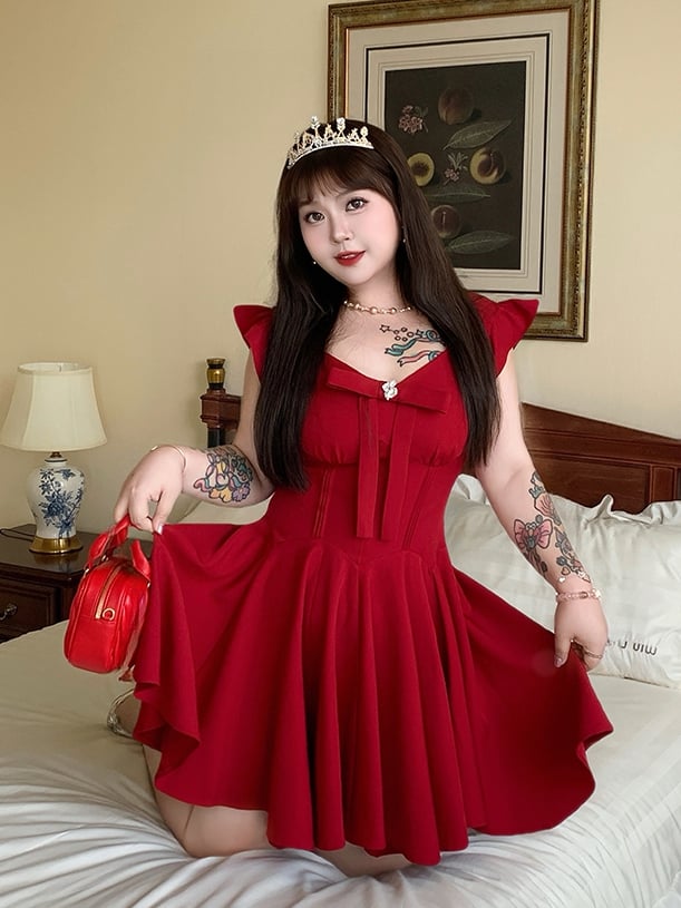 Plus Size V-Ausschnitt Kleid Flatterärmel Große Schleife Vorne Rot