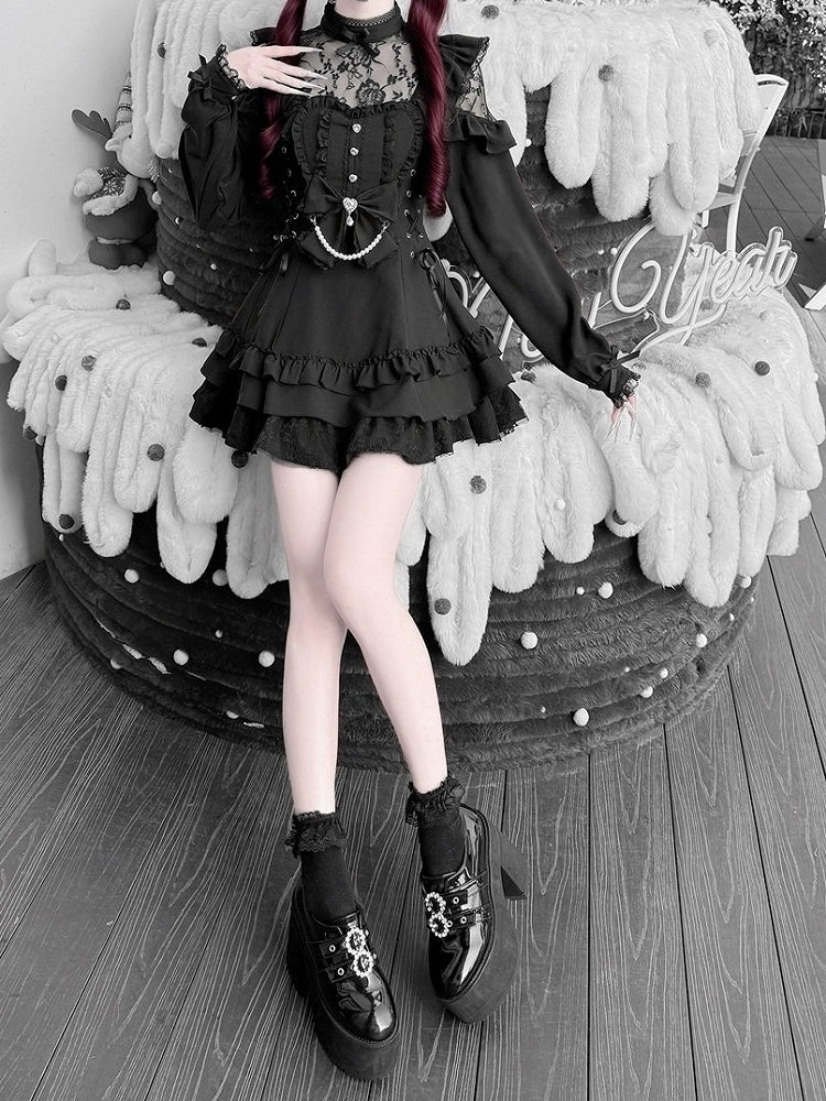 Jirai Kei Black Floral Lace Dress Set with Shorts, Bow Tie, Bead Chain & Hairclips - Jiuniang Cherry
