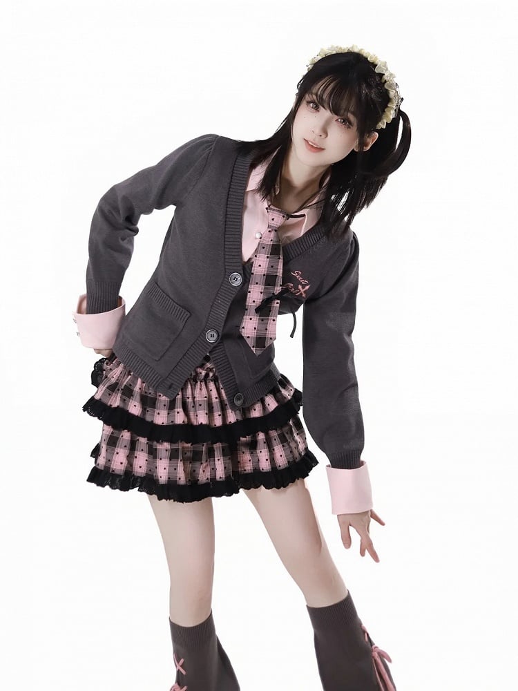 Dark Gray V-Neck Spring Slim-fitting Knitted Cardigan