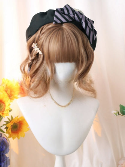 Champagne/Brown/Black Tea Short Wavy Wig with Full Bangs