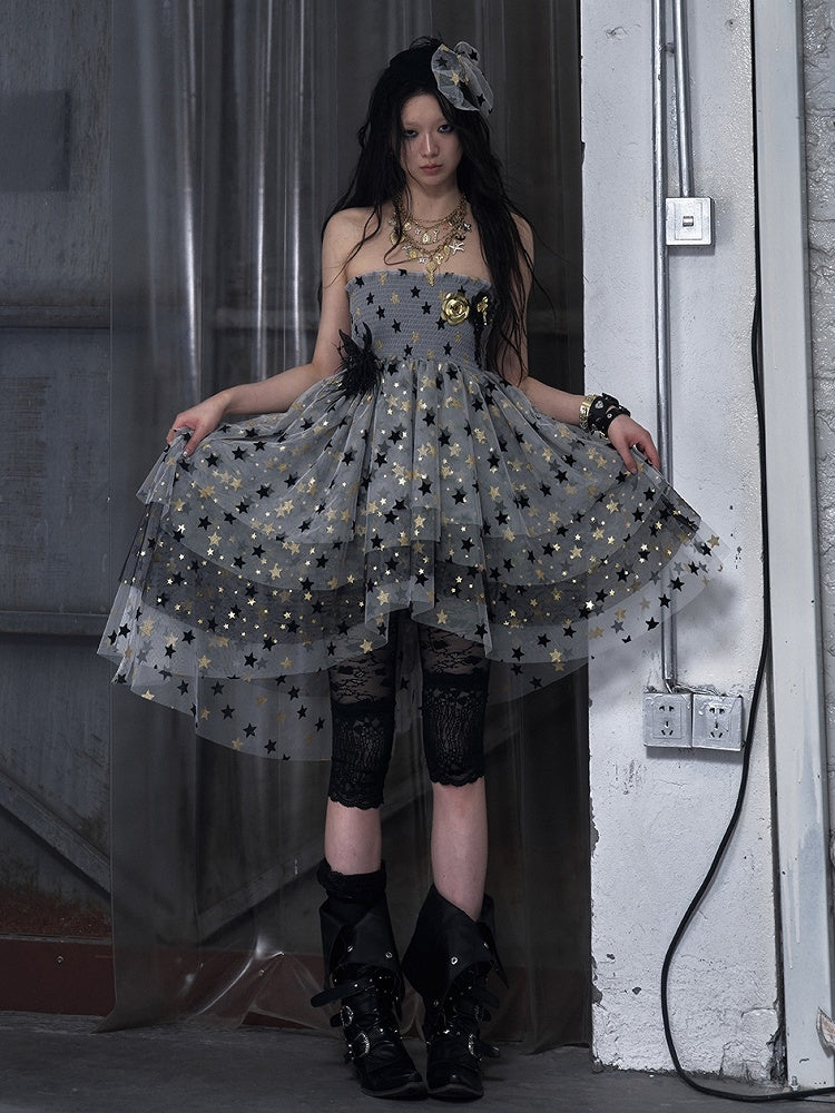 Kleid Balletcore Stufenrock aus Netzstoff, trägerlos, Grau/Asche