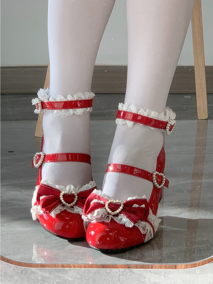 Heels Snap Block Beaded Lolita Wine at Red Lace-trimmed Top PU Bow Heart Mid Sweet with