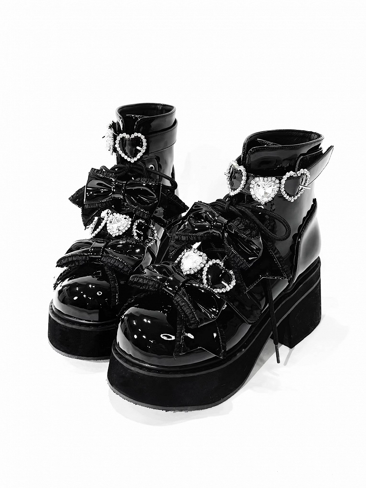 Platform Ankle Boots Buckles Jirai Kei Polished and Black Rhinestons Sweetheart with