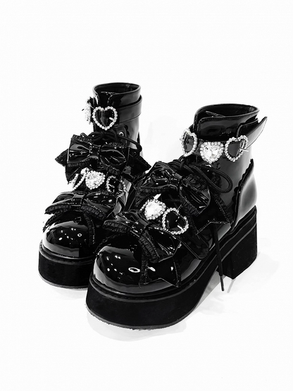 Platform Ankle Boots Buckles Jirai Kei Polished and Black Rhinestons Sweetheart with