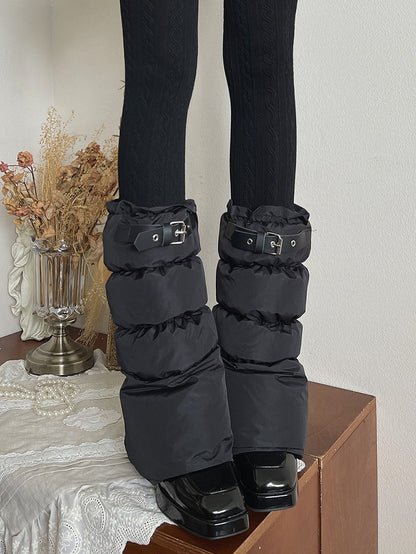 Puffer Buckle Leather Decoration Leg Black with Punk Warmers