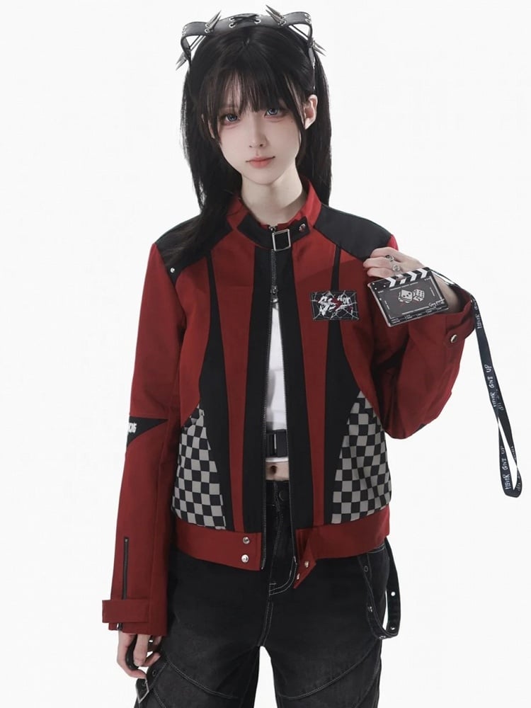 Colorblock Futuristic Futuristic Techwear Red & Black Checked Colorblock Motor Jacket with ...