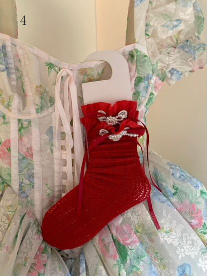 Spitzenbesatzsocken Weiß/Milchig Schleife Lolita Weiß/Schwarz/Rot/Lila/Grau/Braun