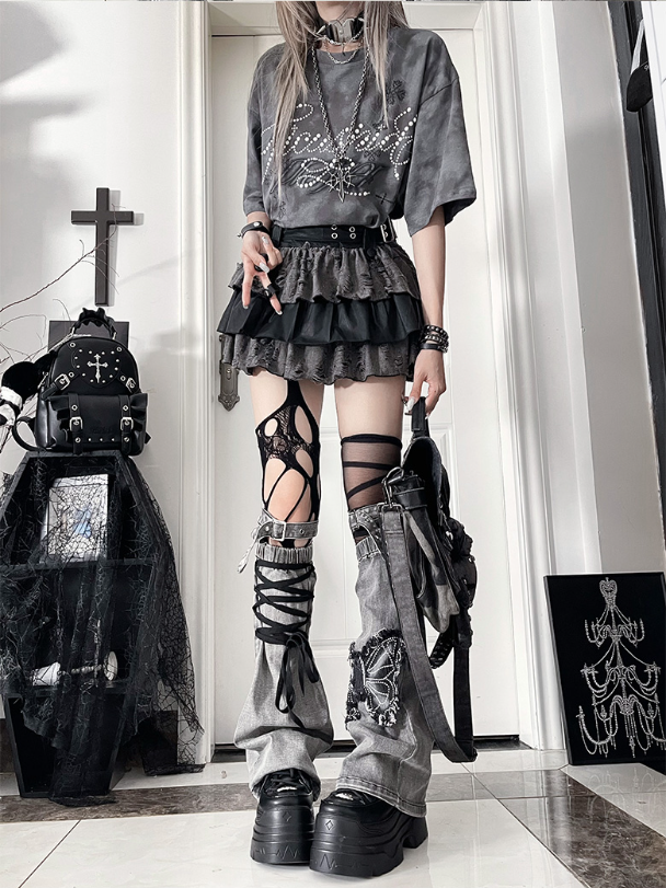 Beaded Punk Cross Short Gray Print with Tie-Dye T-shirt Lettering Sleeve