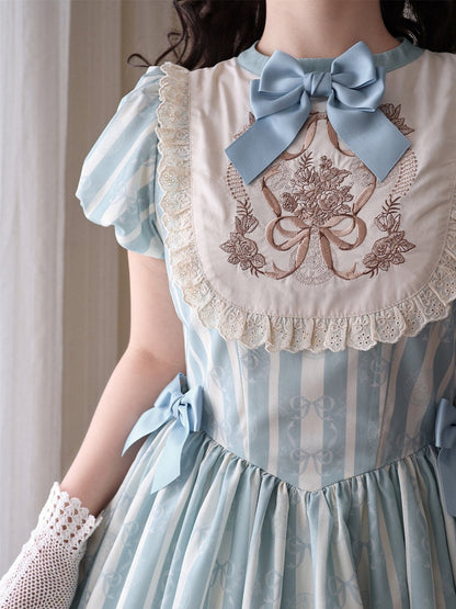 Embroidery One Bodice Piece Blue Floral Striped Classic and Bowknot Version Lolita Pattern Long