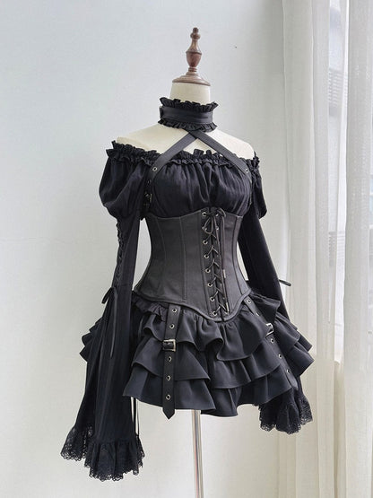 Black Gothic Lolita Layered Ruffle Skirt for Waist 58-66cm - Moonveil Manuscript