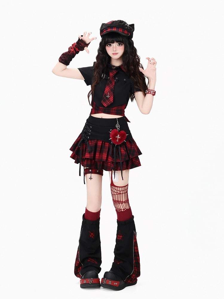 Red & Black Plaid Skirt with Lace-Up Detail - CRAZY GIRL