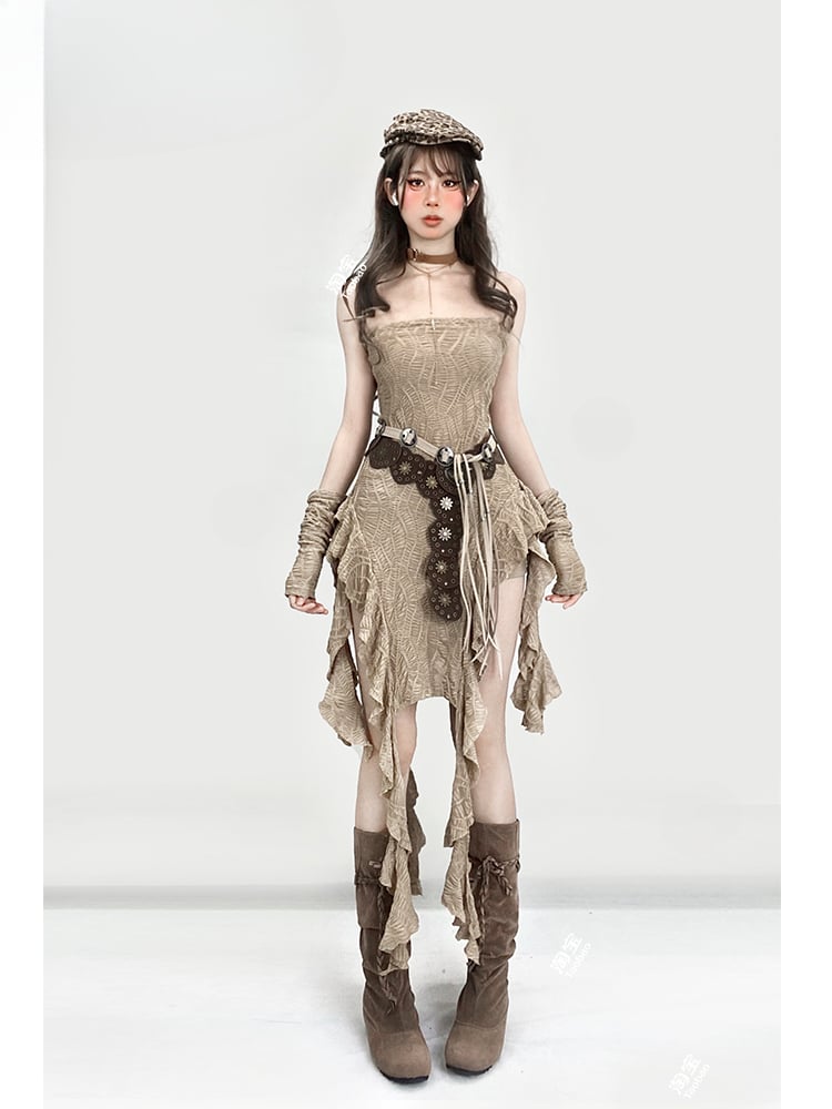 Millard Fashion Light Brown Wasteland Punk Asymmetrical Flounce Hem Strapless Dress