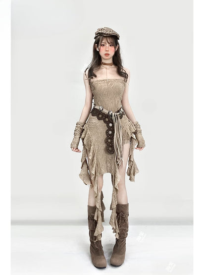 Millard Fashion Light Brown Wasteland Punk Asymmetrical Flounce Hem Strapless Dress