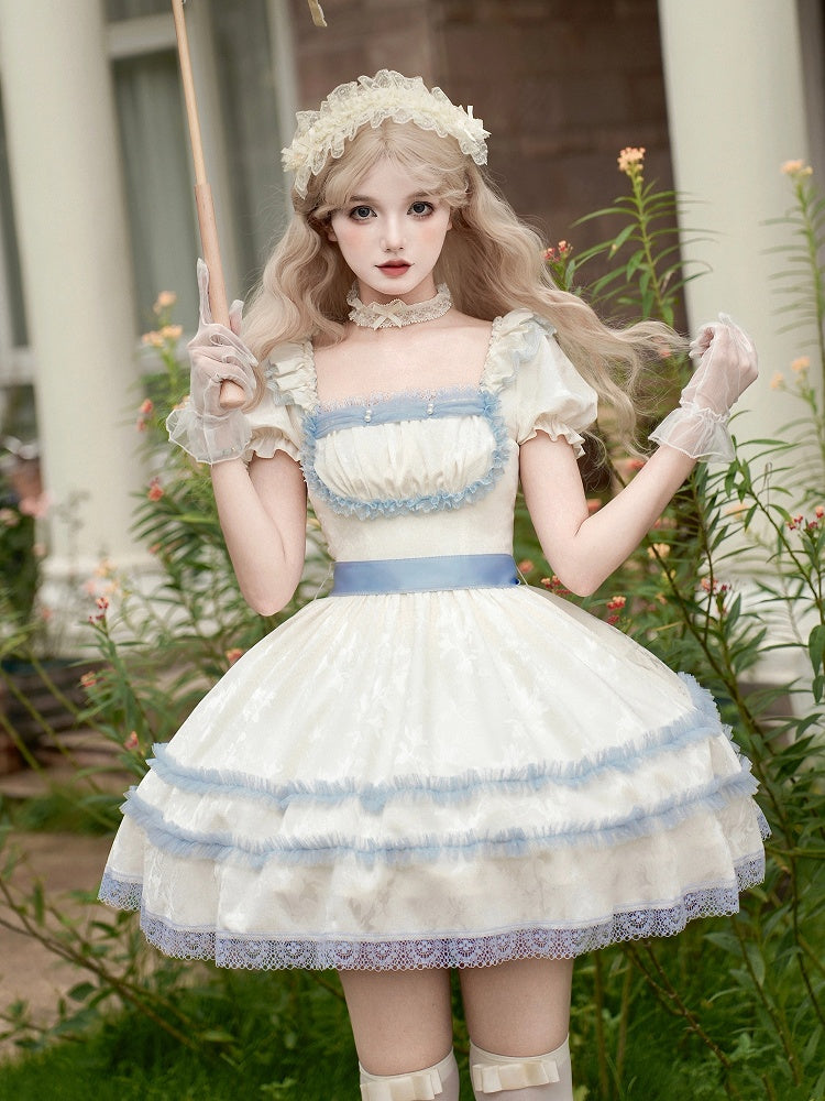 Light and Beige Dress Blue Lace Lolita Puff Square Trims Sleeves Short Neckline