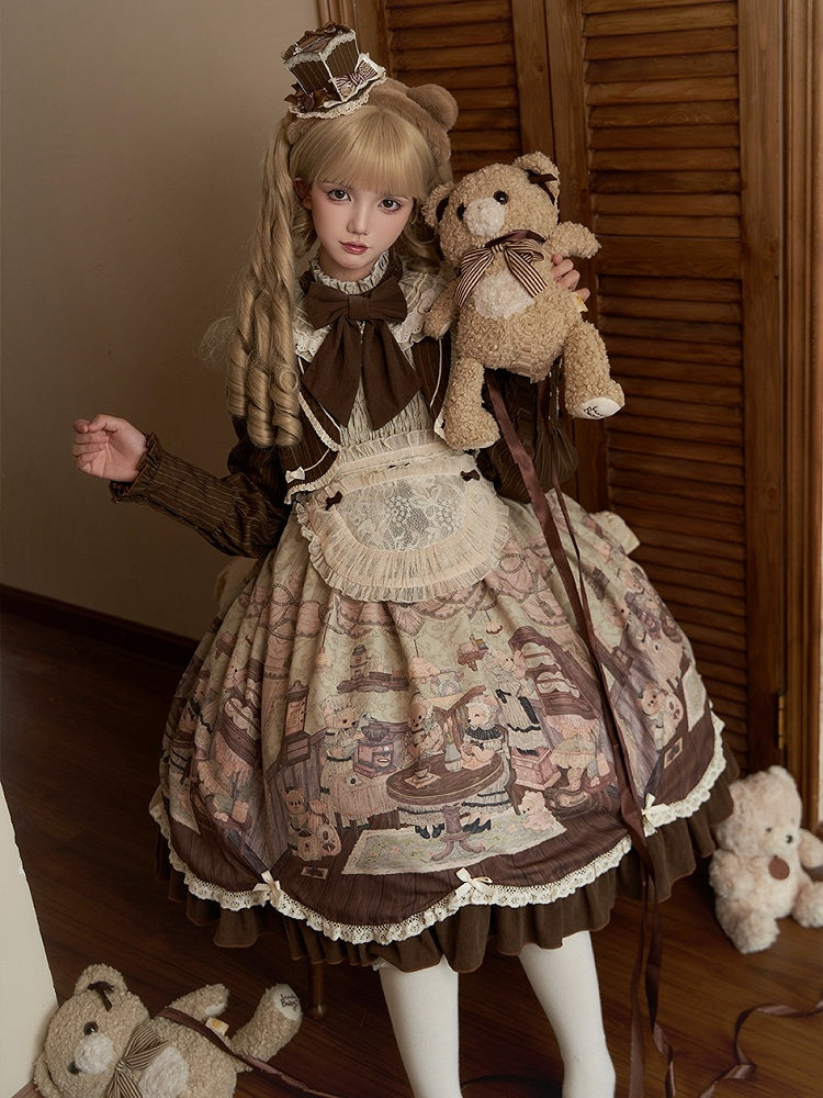 Drucken Lolita Zwei Teddy Haus Stücke Kleid Kaffee Design Lange Grüne Ärmeln