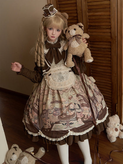 Drucken Lolita Zwei Teddy Haus Stücke Kleid Kaffee Design Lange Grüne Ärmeln