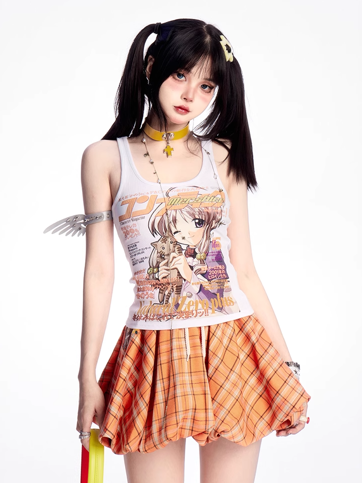 Tank Top Y2K Anime Girl Print Weiß Eng anliegend