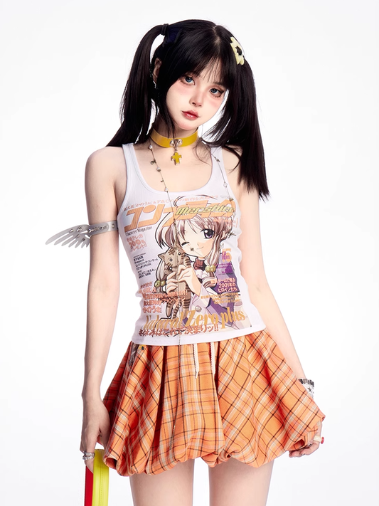 Tank Top Y2K Anime Girl Print Weiß Eng anliegend