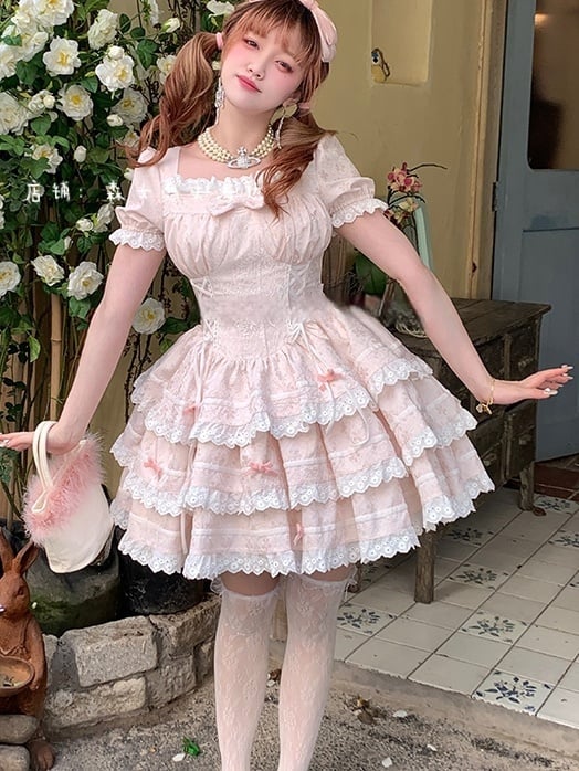 Sweet Waist Pink Ruffle Skirt Basque Triple-Tiered Lace-Up and with Sleeves Dress Puff