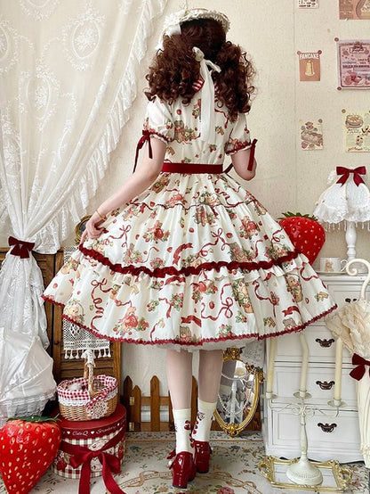 Cremefarbenes Lolita-Kleid, kurz, weiß, Teddy und bedruckt, Erdbeerärmel