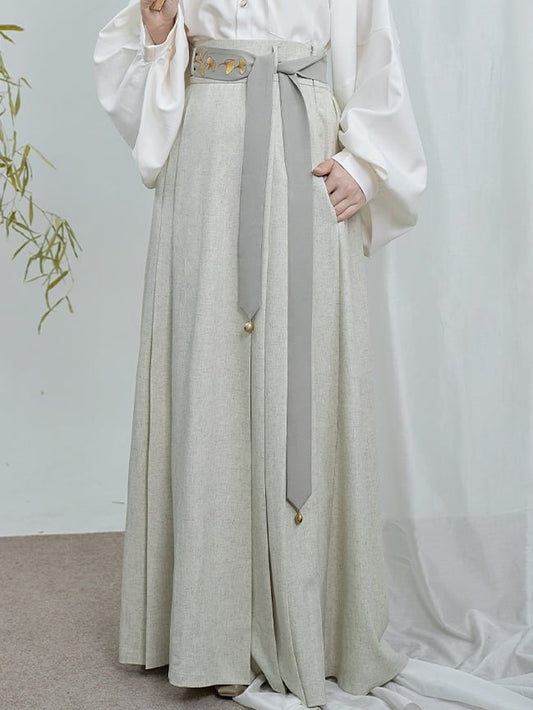 Elastic Chinese Skirt Off-white in Partial Style Pleated Waist
