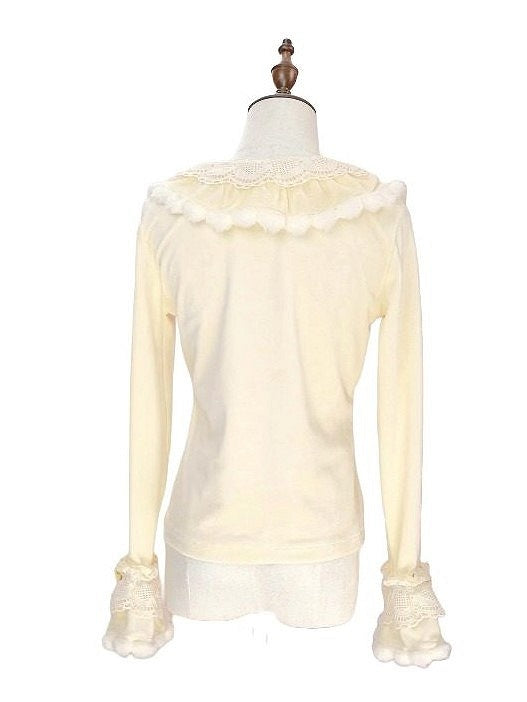 Cuffs Plush Lolita and Beige Bow Long-Sleeve with Details Top