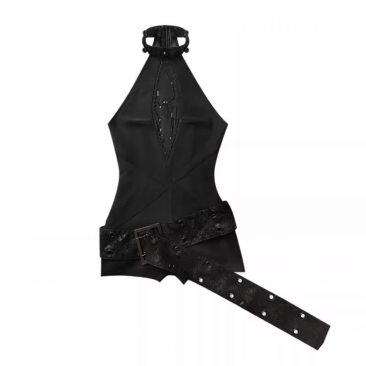 ベルト付きグラマラスブラックホルターネックスパイダーラインストーンジャンプスーツ（バックル付き）