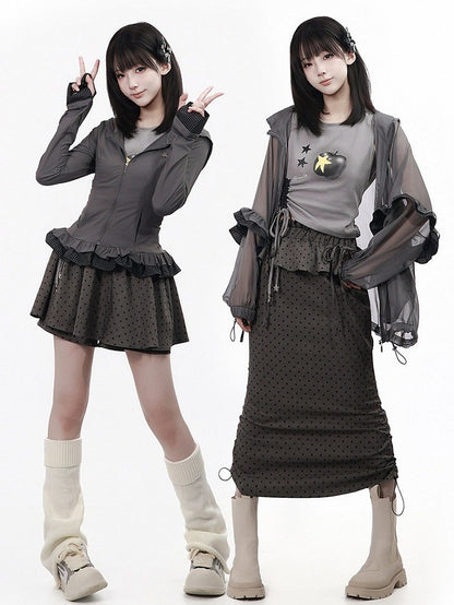 Gray Chiffon Hooded Jacket with Plaid Ruffle Hem - PINK SAVIOR