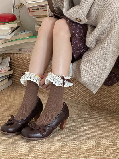 Socks Ribbed Ruffle Bow with Cuffs Lace