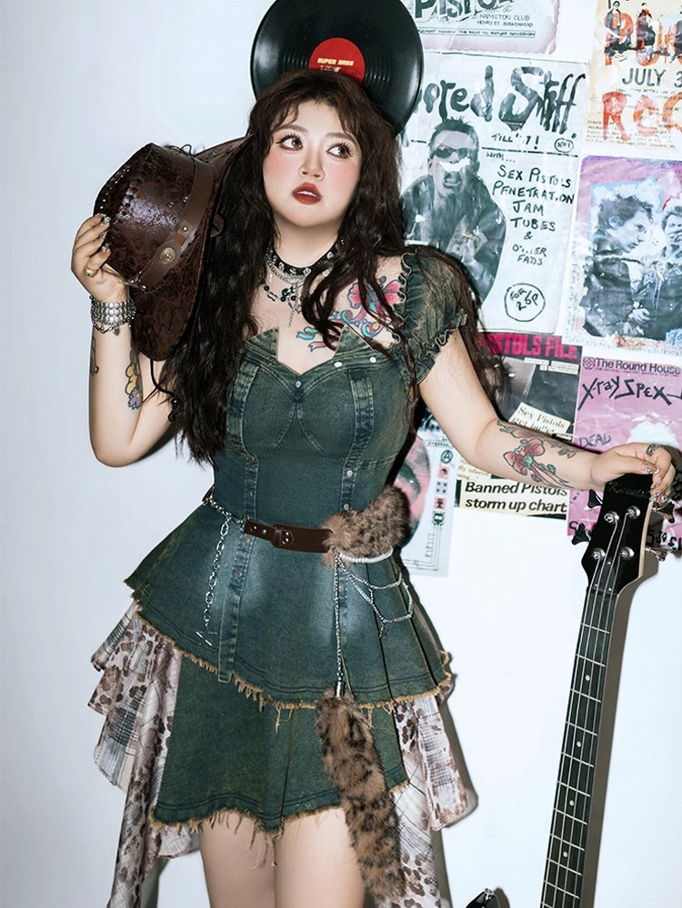 Mode mit blauen Puffärmeln Jeanskleid Leopardengürtel Patchwork Plus Size Gyaru Taille