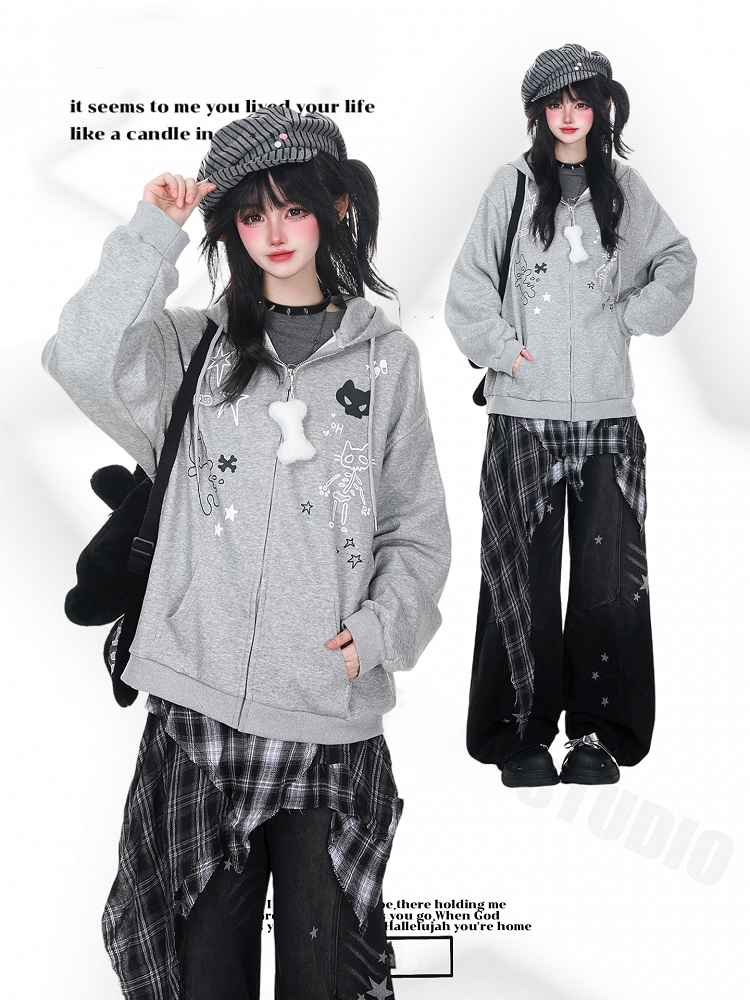 Zip-Up Gray/Black Print- Detail Cat Cat-Ear Adorable and Regular/Fleece Hoodie Lining with Options Lace-Up
