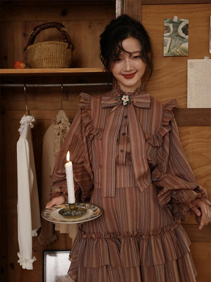 Reddish Brown Striped Pattern Vintage  Bishop Sleeves Ruffle Trim Blouse