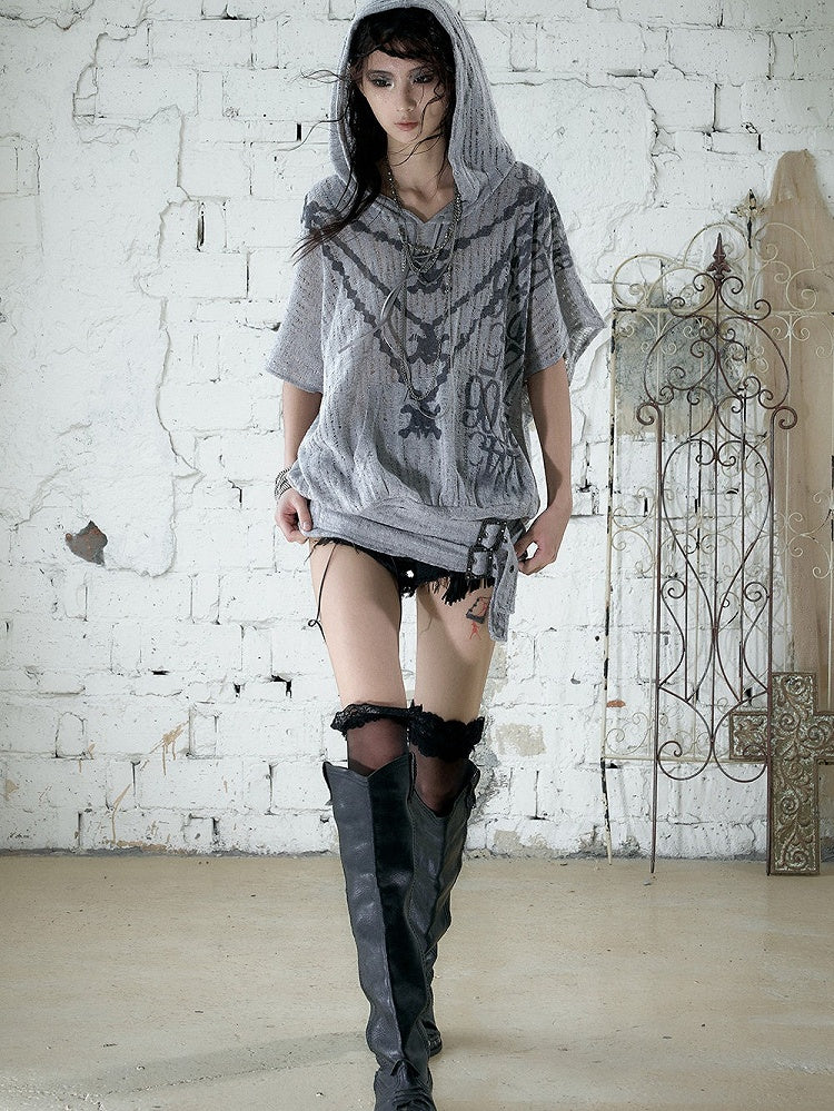 Dusty Blue Distressed Hooded Batwing Knit Top - NO ROMANCE