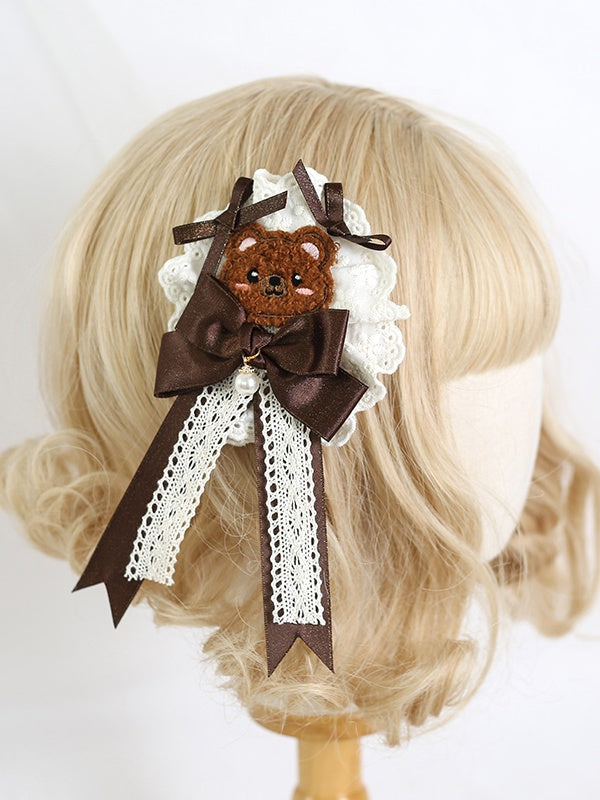 Pink Bow Hairclip / Green Coffee Adorable Sweet Lolita Bear Lace