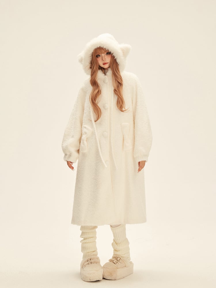 Bow-Accented Hood White Coat with Cat Pockets Mid-Length Ear