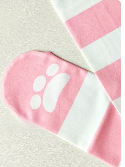 White & Pink Stripes Strawberry and Bunny Print Over Knee Stockings