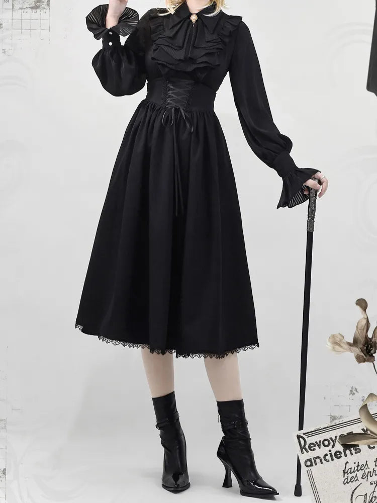 Schwarzer Lolita-Korsettrock mit entbeintem, elegantem Gürtel und hoher, wendbarer Taille