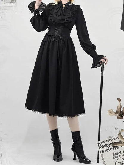 Flat Long Pointed Collar Sleeves Shirt Jabot Fabric Black Striped