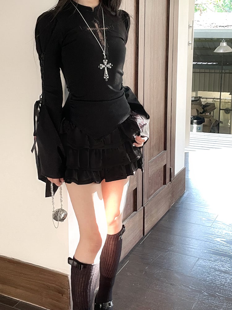 Black Trim Three-Tiered Mini Skirt Lace