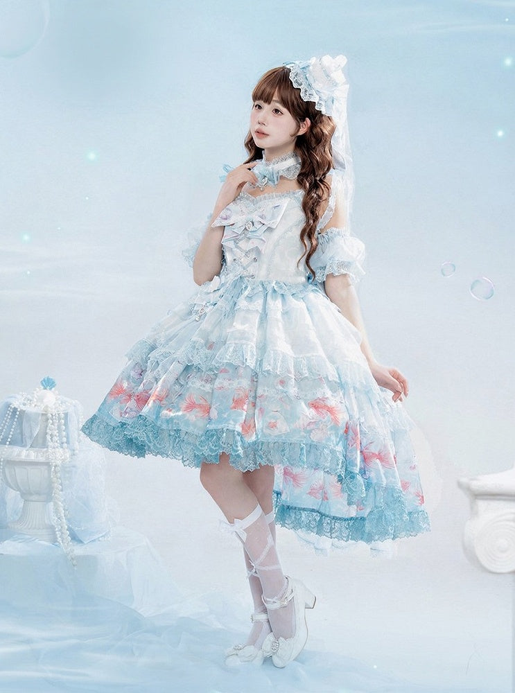 Robe salopette asymétrique imprimé poisson rouge - Mewroco