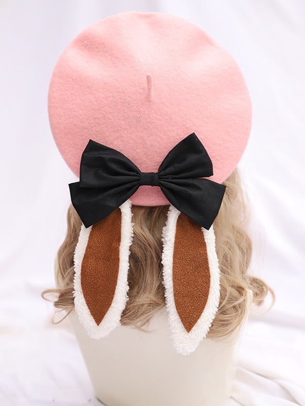 Detachable Options White Beret Bunny 6 With Sweet Ear Lolita Color Bow