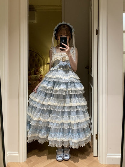 Ruffle Dress Sweet with Straps Blue Embroidery Lolita Adjustable and Multi-Layered Goldfish