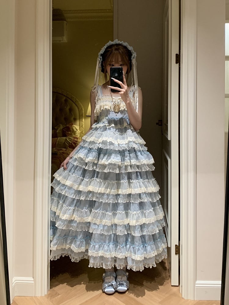 Goldfischblaues, verstellbares, süßes Lolita-Kleid mit Rüschen und Stickereien, Trägern und mehrlagigem