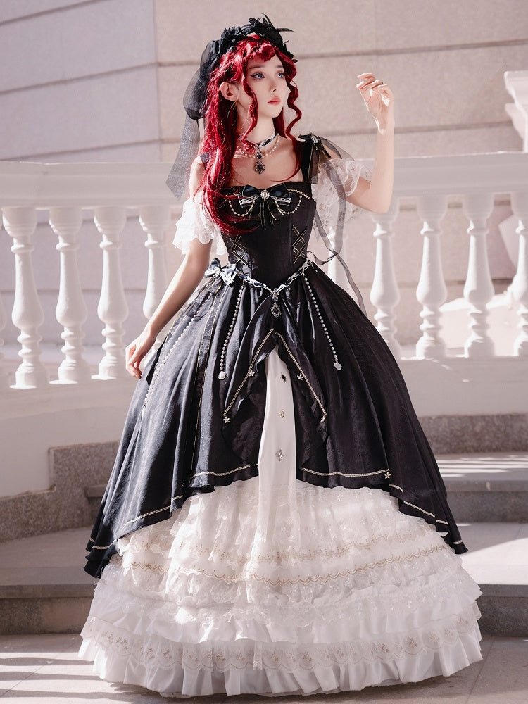 Black and White Boned Corset Bodice Gorgeous Long Train Lolita Dress Full Set