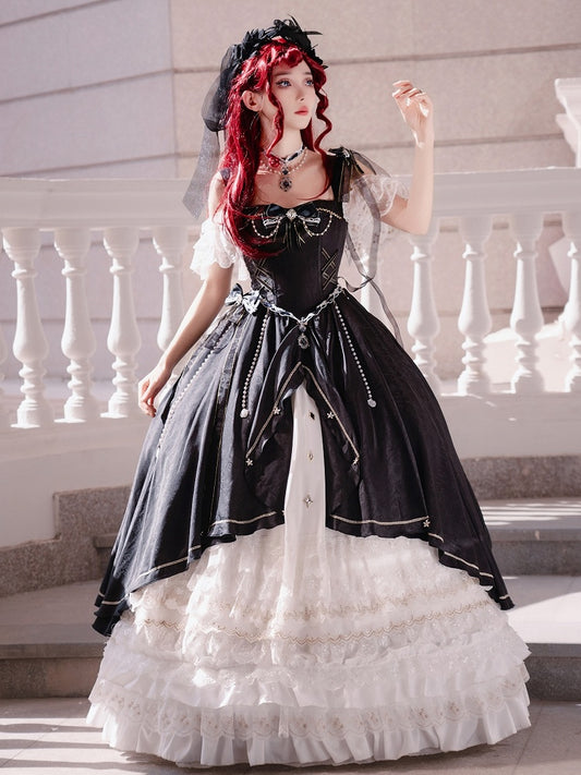 Black and White Boned Corset Bodice Gorgeous Long Train Lolita Dress Full Set