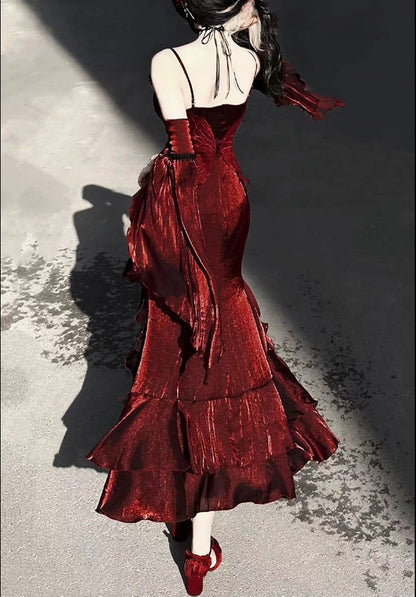 取り外し可能なフリル袖付きバーガンディレッドのイブニングドレス、ロゼットマーメイドドレス