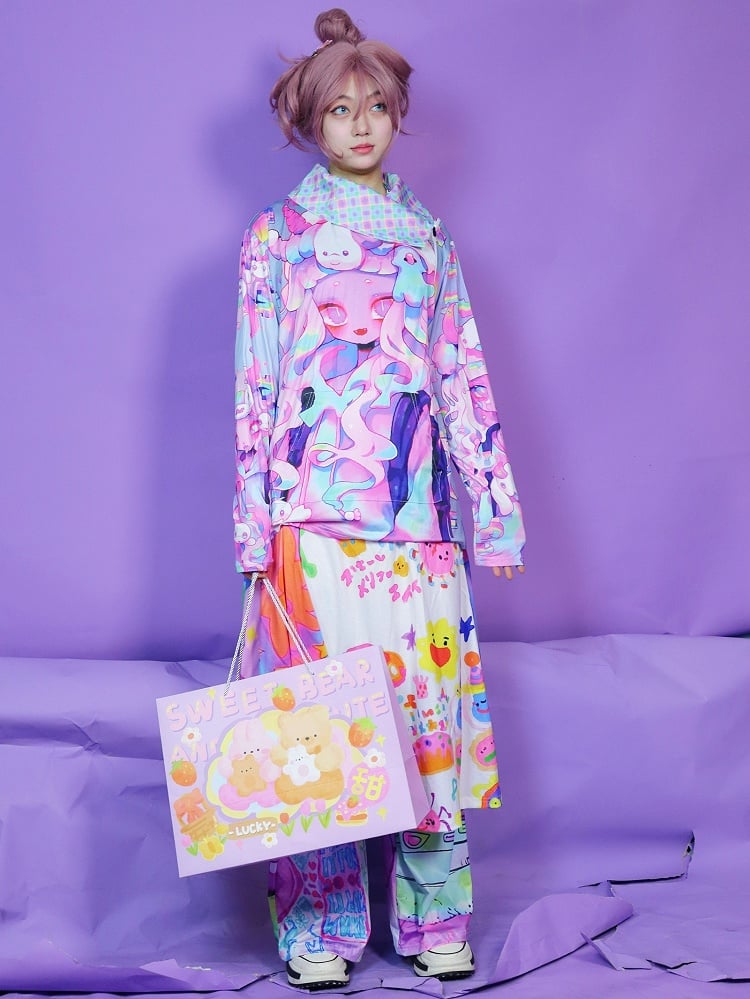 Cartoon Print Neck Top Turtle Oversized Colorful Pattern Long Plaid Sleeves Y2K