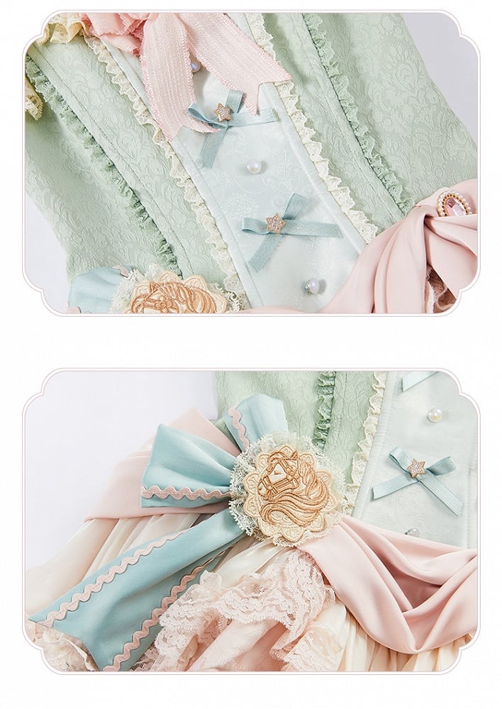 Green Jacquard Boned Bodice Pink Carousel Pattern Skirt Lolita Dress with Big Bow Train
