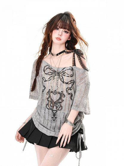 Gray Asymmetrical Neckline Drawstring Waist Hollow-out Graphic T-Shirt